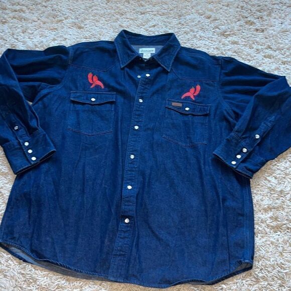 Vintage Carhartt Denim Pearl Snap Shirt Rugged Western Cowboy 2XL - Picture 1 of 15